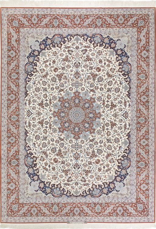 Full view of 1980s Isfahan rug from Iran / Persia, 426 × 306 cm in White tones