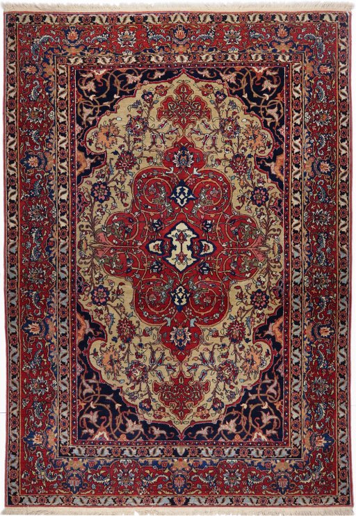 Full view of 1920s Isfahan rug from Iran / Persia, 218 × 142 cm in Beige tones