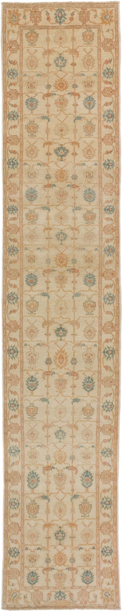 Full view of New Isfahan rug from Iran / Persia, 397 × 78 cm in Cream tones