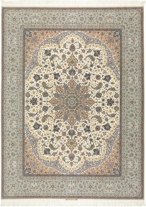 Full view of New Isfahan rug from Iran / Persia, 402 × 298 cm in Cream tones