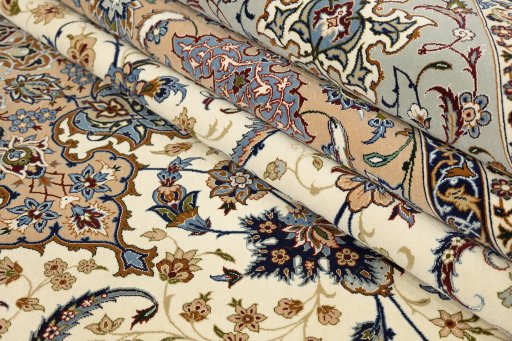 Corner detail of New Isfahan rug showing border pattern and Wool pile