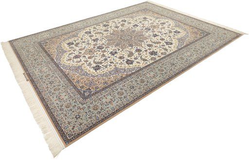 Corner detail of New Isfahan rug showing border pattern and Wool pile
