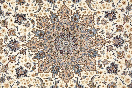 Backside of handmade New Isfahan rug showing knot structure and weave density