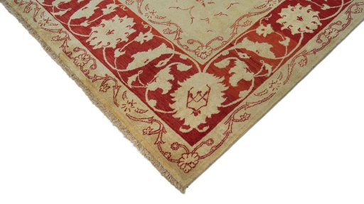Backside of handmade New Isfahan rug showing knot structure and weave density