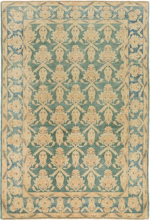 Full view of New Isfahan rug from Iran / Persia, 279 × 188 cm in Green tones