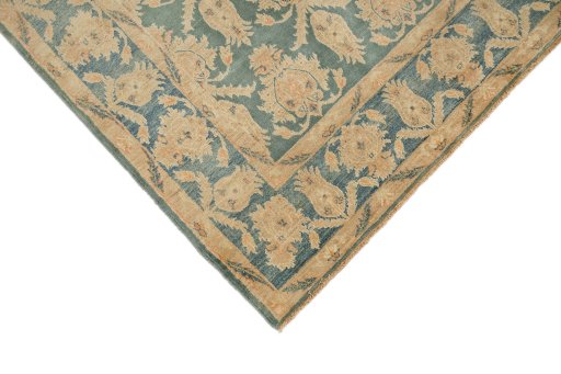Backside of handmade New Isfahan rug showing knot structure and weave density