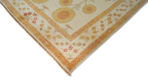 Backside of handmade New Isfahan rug showing knot structure and weave density