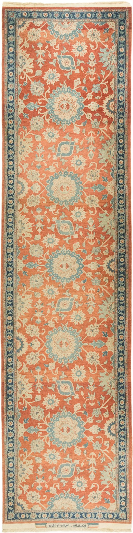 Full view of 1980s Isfahan rug from Iran / Persia, 409 × 102 cm in Red tones