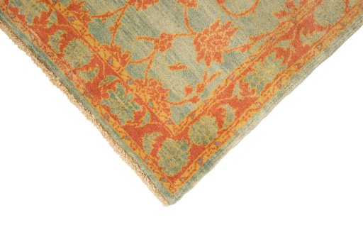 Backside of handmade New Isfahan rug showing knot structure and weave density
