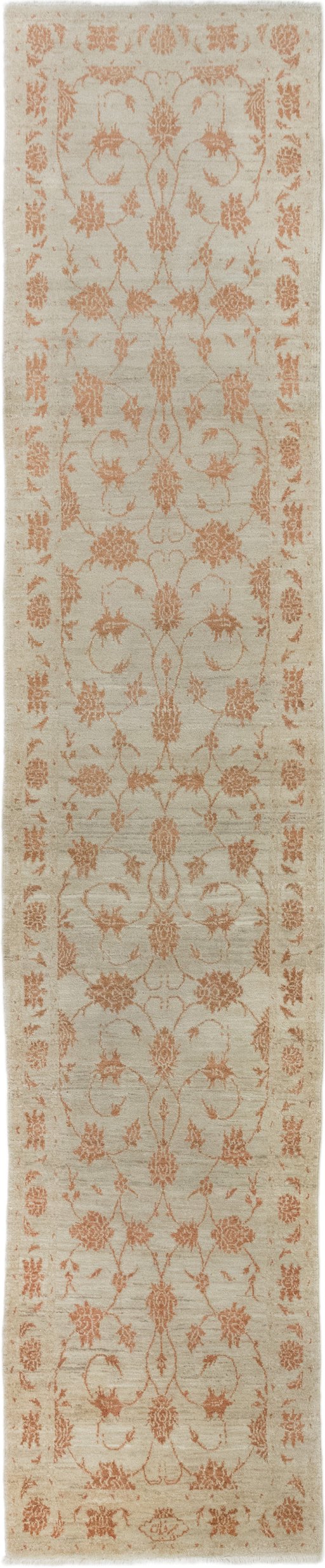 Full view of New Isfahan rug from Iran / Persia, 399 × 81 cm in Cream tones