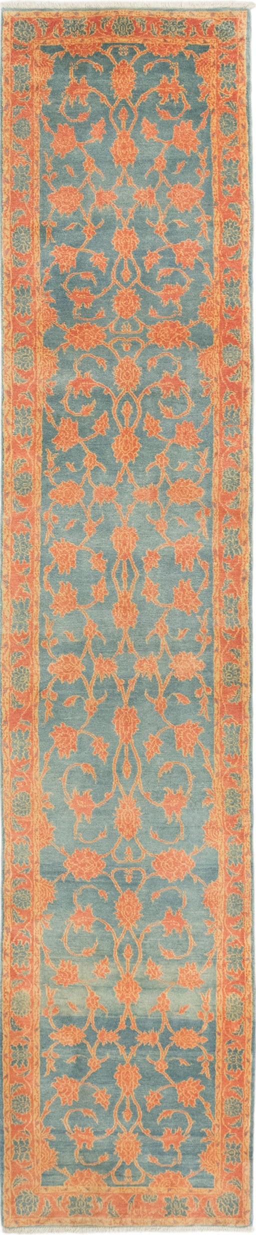 Full view of New Isfahan rug from Iran / Persia, 409 × 81 cm in Blue tones