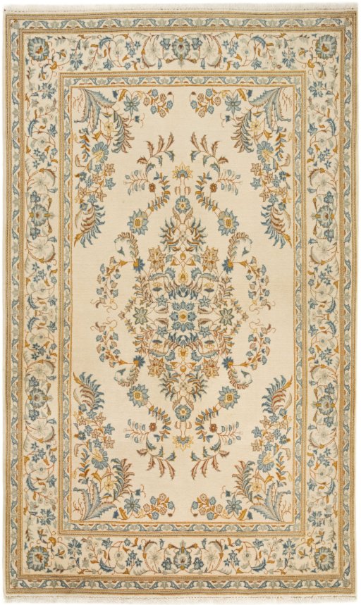 Full view of 1950s Kashan rug from Iran / Persia, 229 × 142 cm in Cream tones