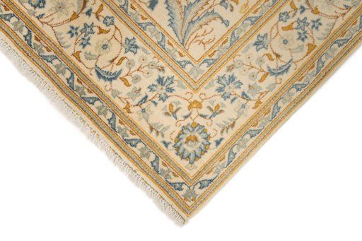 Backside of handmade 1950s Kashan rug showing knot structure and weave density