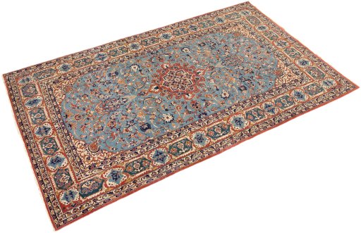 Corner detail of 1920s Isfahan rug showing border pattern and Wool pile