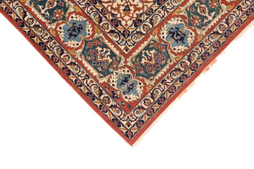Backside of handmade 1920s Isfahan rug showing knot structure and weave density