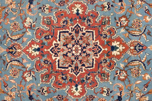 Close-up detail of 1920s Isfahan rug from Iran / Persia showing Wool weave
