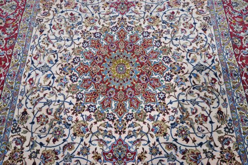 Backside of handmade New Isfahan rug showing knot structure and weave density
