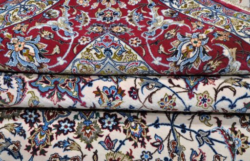 Full view of New Isfahan rug from Iran / Persia, 231 × 157 cm in Beige tones