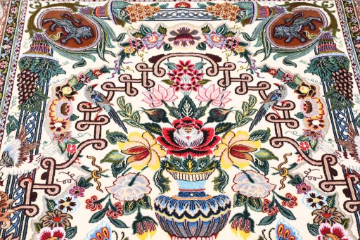 Close-up detail of New Isfahan rug from Iran / Persia showing Cork weave
