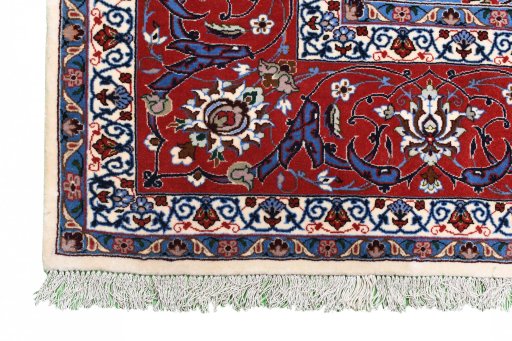 Corner detail of New Isfahan rug showing border pattern and Cork pile