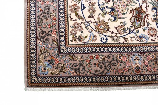 Corner detail of New Isfahan rug showing border pattern and Cork pile