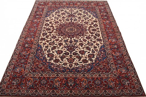 Surface texture of 1930s Isfahan rug with natural Wool and intricate pattern
