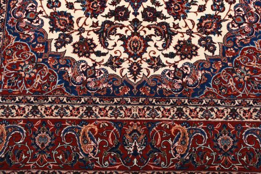 Backside of handmade 1930s Isfahan rug showing knot structure and weave density