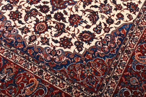 Close-up detail of 1930s Isfahan rug from Iran / Persia showing Wool weave