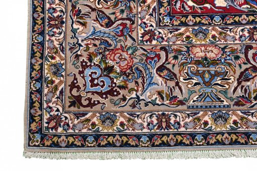 Corner detail of New Isfahan rug showing border pattern and Cork pile