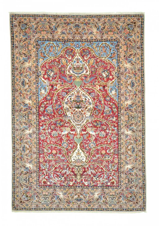 Full view of New Isfahan rug from Iran / Persia, 242 × 165 cm in Red tones