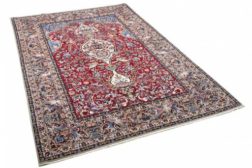Corner detail of New Isfahan rug showing border pattern and Cork pile