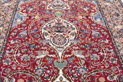 Backside of handmade New Isfahan rug showing knot structure and weave density