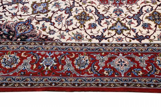 Corner detail of New Isfahan rug showing border pattern and Cork pile