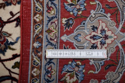 Backside of handmade New Isfahan rug showing knot structure and weave density