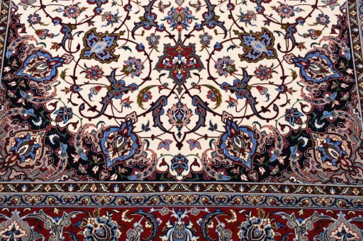 Backside of handmade New Isfahan rug showing knot structure and weave density