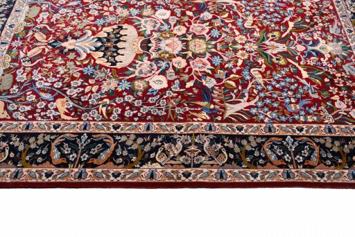 Corner detail of New Isfahan rug showing border pattern and Cork pile