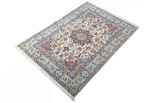 Corner detail of 2000s Isfahan rug showing border pattern and Cork pile