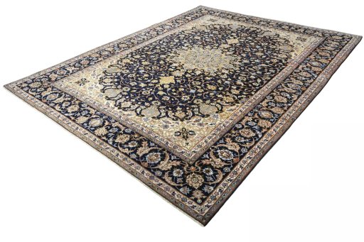 Corner detail of 2000s Isfahan rug showing border pattern and Wool pile
