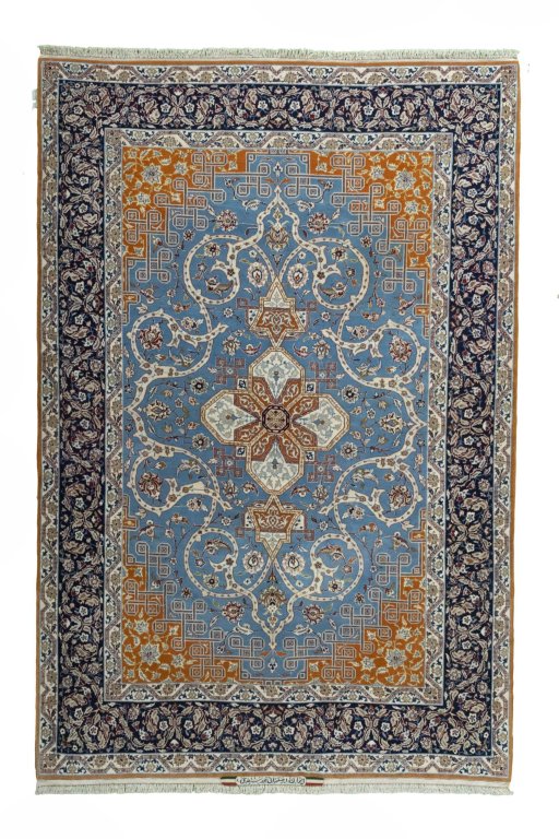 Full view of 1950s Isfahan rug from Iran / Persia, 223 × 150 cm in Blue tones