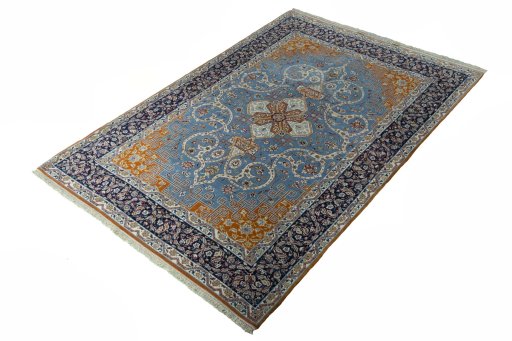 Corner detail of 1950s Isfahan rug showing border pattern and Cork pile