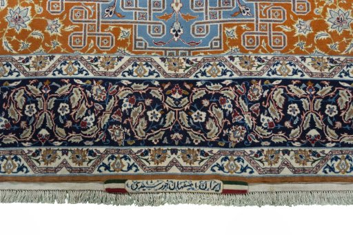Full view of 1950s Isfahan rug from Iran / Persia, 223 × 150 cm in Blue tones