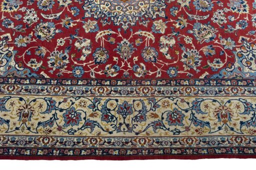 Corner detail of 1970s Isfahan rug showing border pattern and Cork pile