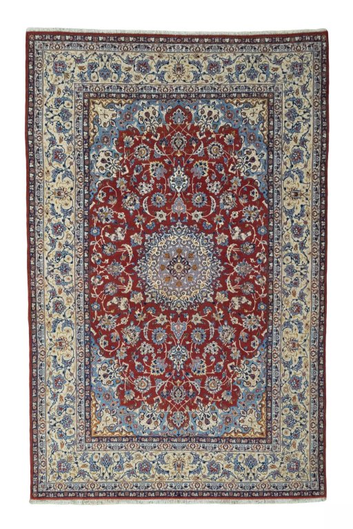 Full view of 1970s Isfahan rug from Iran / Persia, 232 × 150 cm in Red tones