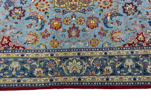 Corner detail of 1970s Isfahan rug showing border pattern and Cork pile
