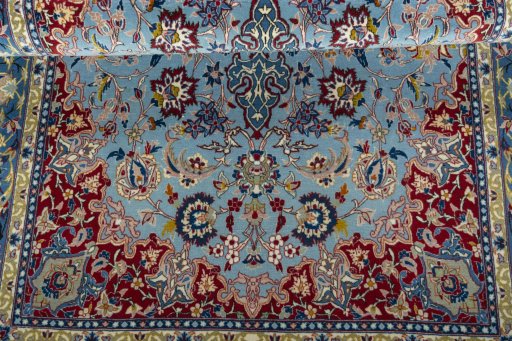 Close-up detail of 1970s Isfahan rug from Iran / Persia showing Cork weave