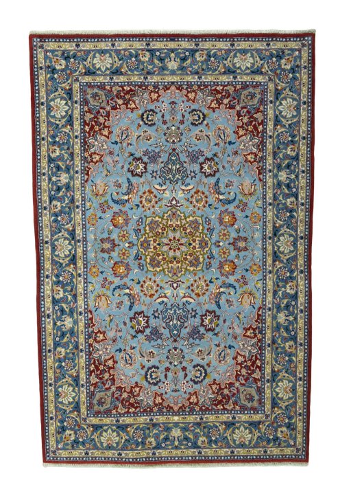 Full view of 1970s Isfahan rug from Iran / Persia, 166 × 107 cm in Blue tones