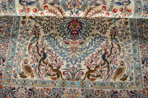 Surface texture of 1970s Isfahan rug with natural Cork and intricate pattern