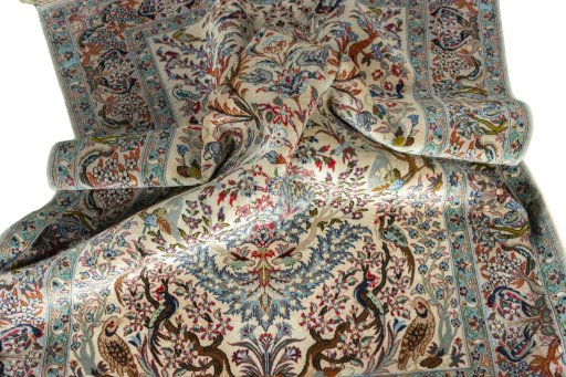 Backside of handmade 1970s Isfahan rug showing knot structure and weave density
