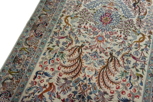 Backside of handmade 1970s Isfahan rug showing knot structure and weave density