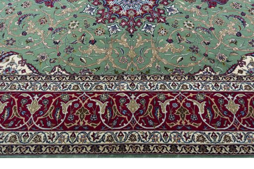 Corner detail of New Isfahan rug showing border pattern and Cork pile